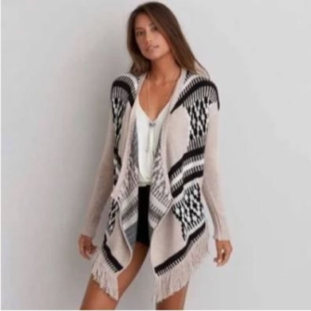 American Eagle Western Tribal Cardigan Drape Fringe Long Sleeve XS Women Beige